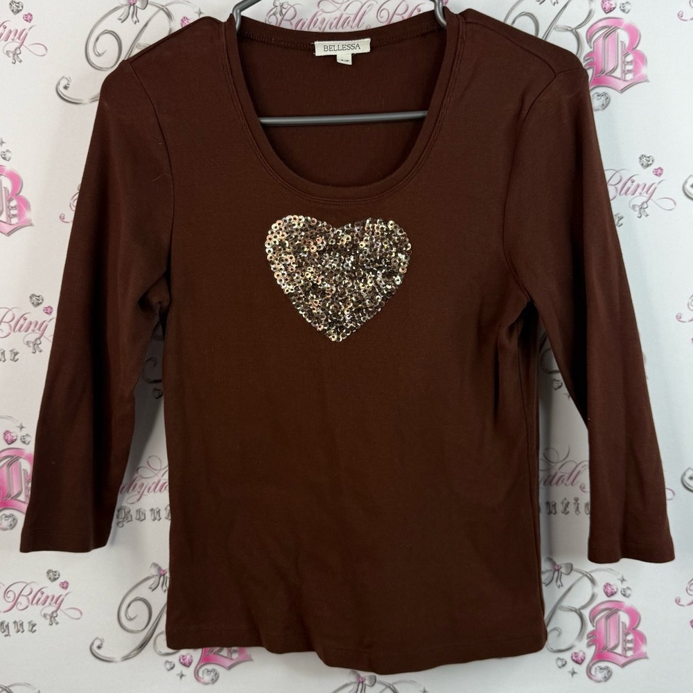Bellessa shirt sparkly gold heart Brown Sequin Heart Women's Top